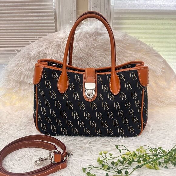 Dooney & Bourke Signature DB Logo Black Canvas & Brown Leather Hand Shoulder Bag - Picture 1 of 12